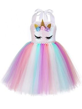 Girls Unicorn Tutu Dress Costume - Pastel Rainbow